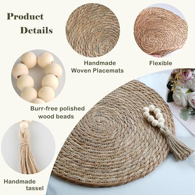 Boho Woven Placemats Set of 6 with Wooden Napkin Rings, 13" Natural Water Hyacinth Rattan Wicker Table Mats Charger Plates for Christmas Decorations, Thanksgiving, Rustic Dining & Home Decor