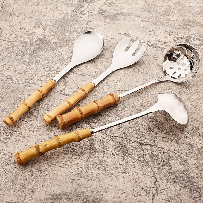 6-Piece Bamboo Silverware Set, Stainless Steel Flatware Hostess Serving Set Bamboo Utensils Tableware Set for Home Camping Travel Hotel - 2pcs Soup Spoon and 2pcs Slotted Spoon