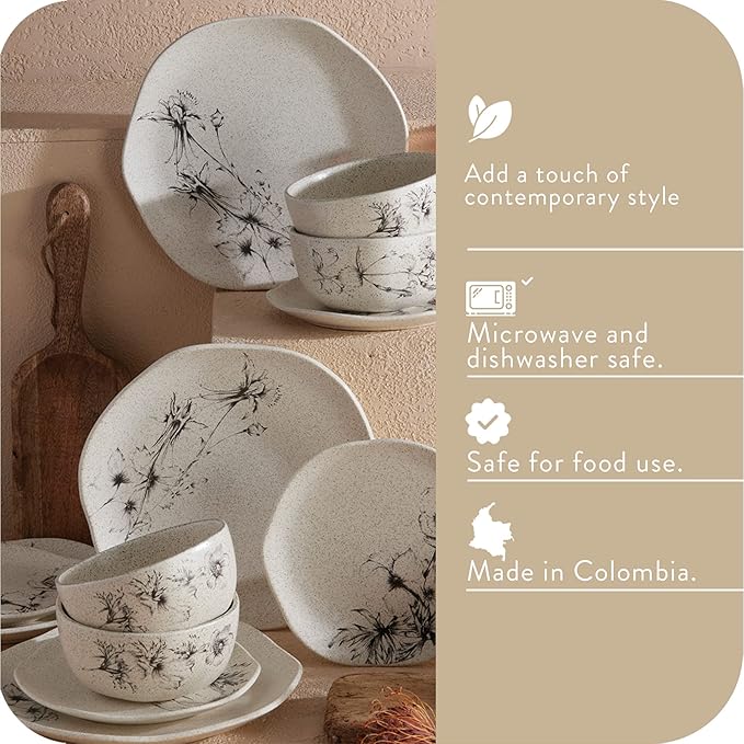 Corona Dinnerware Set 12– piece, Plates and Bowls Set, Ceramic Sets for 4, Microwave and Dishwasher Safe, Elea Floral Design