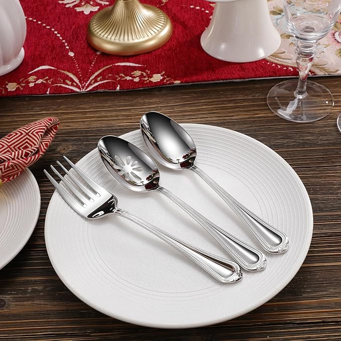 KEAWELL Pearl Edge Premium Serving Spoon Set, 18/10 Stainless Steel, 9" Fine Hostess Utensils with Refined Bead Design, Brightly Polished, Dishwasher Safe (Hostess Serving Set)