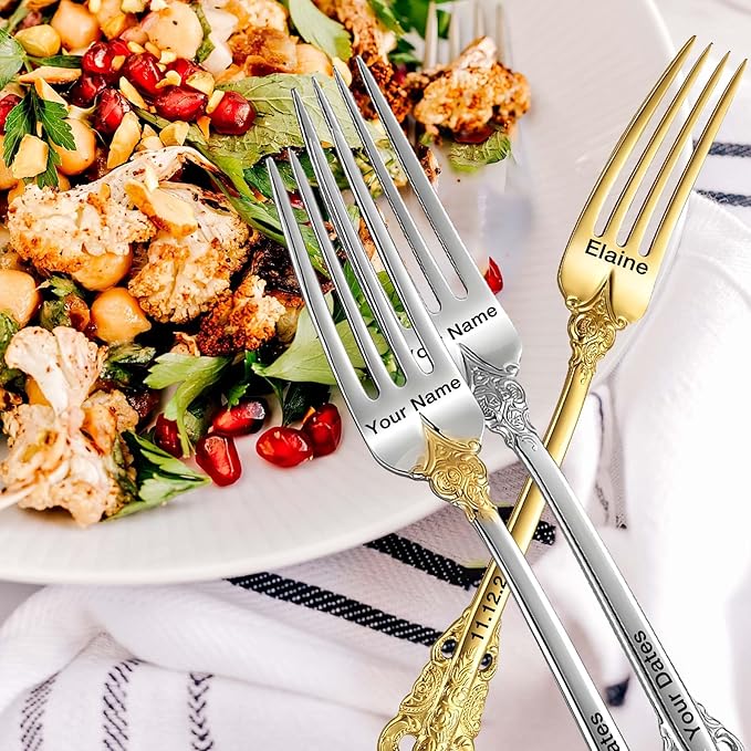[2 Pack] Personalized Vintage Wedding Forks, Custom Luxury Dinner Forks Engraved with Name/Date, Customized Antique Baroque Flatware for Dessert Cake Salad Gift for Party Favors Engagements