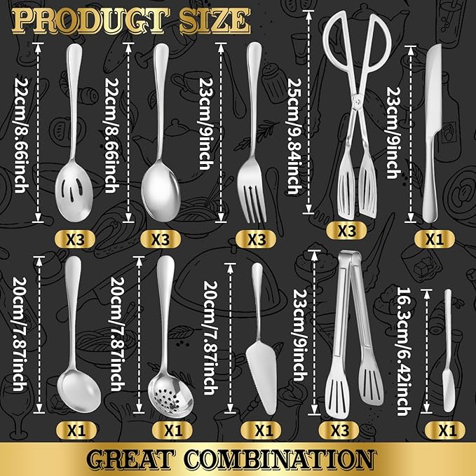 20 PCS Serving Utensil Set & Catering Serving Utensils - Stainless Steel Complete Buffet for Weddings, Holidays, Parties & Family Gatherings - Serving Utensils Set for Parties (Silver)