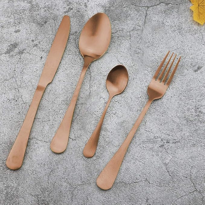 JASHII 4 Pieces 304 Stainless Steel Rose Cutlery Set Home Kitchen Silverware Set, Matte, Knife/Fork/Spoon, Modern Elegant Silverware Set for Party, Christmas (Rose full)