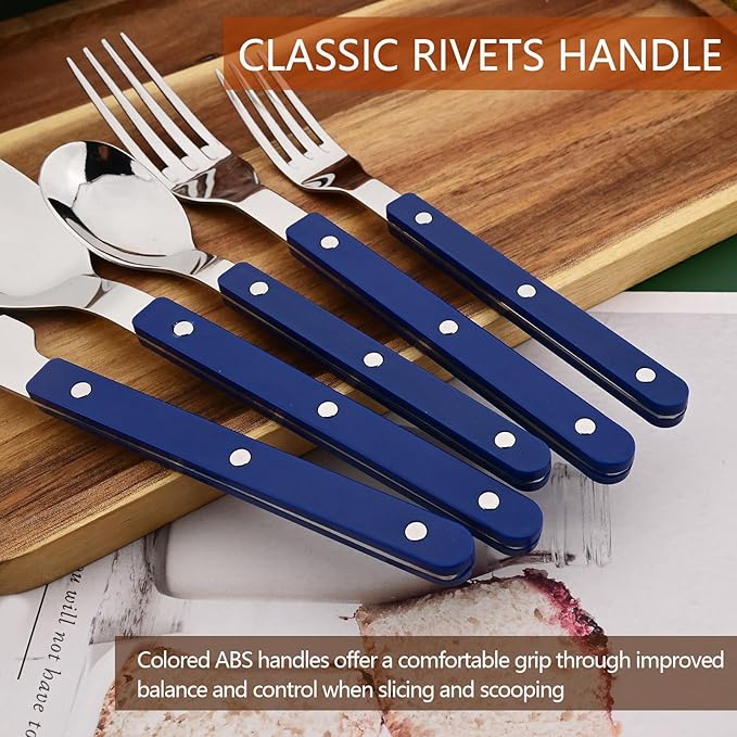 20 PCS Stainless Steel Flatware Set for 4, Silverware Set with Colored Handles, Retro Style Forks Spoons and Knives Set, Vintage Eating Utensils, Blue Acrylic Handle with Rivets Design