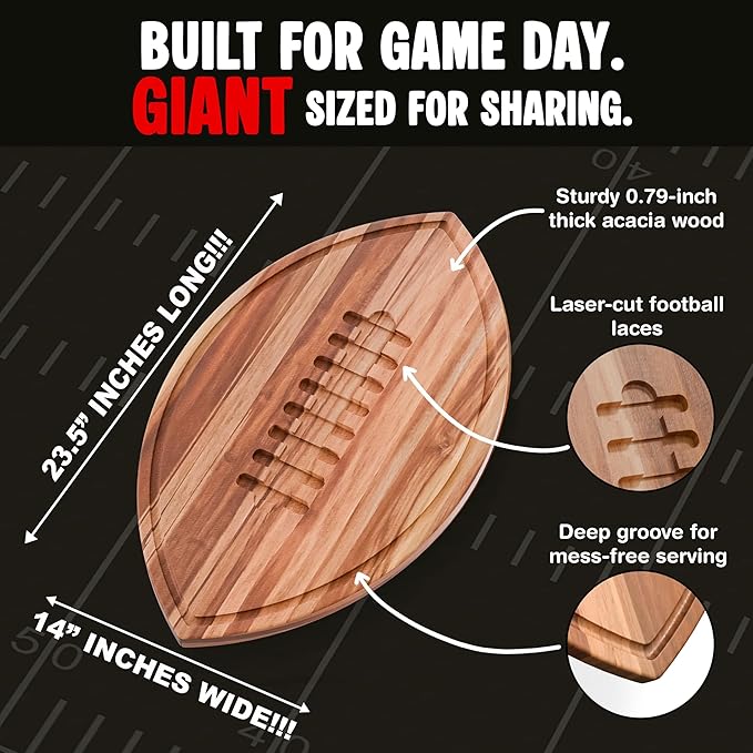 New – Giant Football Shaped Cutting Board – Jumbo Size Acacia Wood Charcuterie Tray – Extra Large Wooden Football Serving Platter for Super Bowl Parties, Tailgate Hosting & Gifts