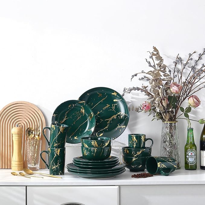 Modern Porcelain 16 Piece Green Dinnerware Set,Plates and Bowls Sets,Gold Dish Set for 4,Green Dinnerware Set,Dinner Sets with Dinner Plates.