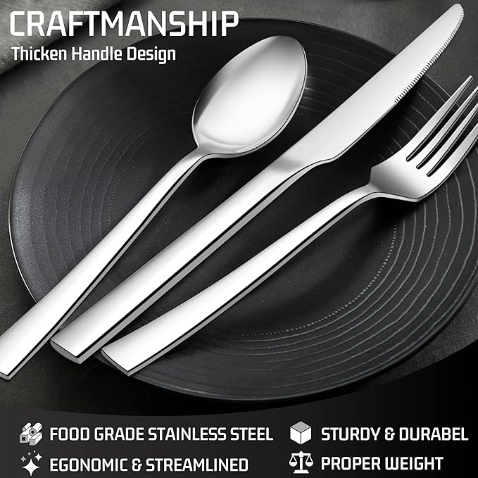 HaWare 60-Piece Silverware Set, Stainless Steel Flatware Cutlery Set for 12, Food-Grade Tableware for Home Restaurant, Square Edge Utensils Includes Knife Spoon Fork, Mirror Polished, Dishwasher Safe