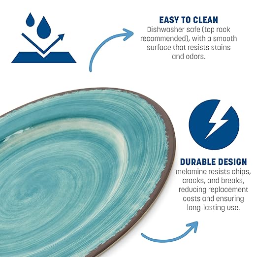 Carlisle FoodService Products Mingle Resuable Plastic Plate Dinner Plate with Pottery Style for Home and Restaurant, Melamine, 11 Inches, Aqua