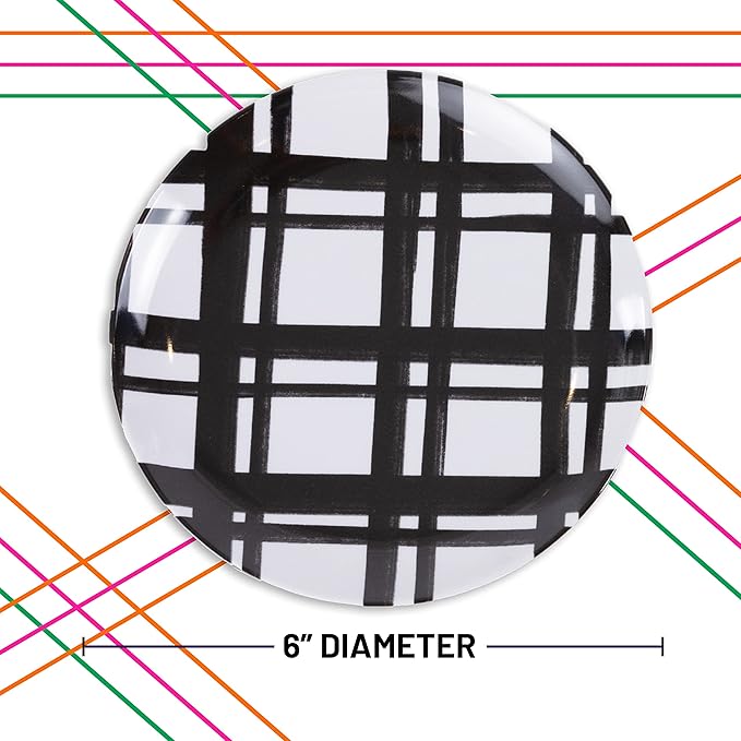 Sprinkles & Confetti Melamine Plate Set 6" Appetizer Plates, Reusable Outdoor Dinnerware for Entertaining, Patio & Picnic | Modern Black Plaid Design, Durable & Stylish Dish Set (Set of 4)