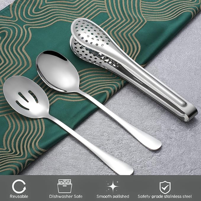 14 PCS Stainless Steel Serving Utensils Set-Serving Spoons,Slotted Spoons, Serving Forks, Serving Tongs,Soup Ladle, Appetizer Tongs, Pie Server for Buffet Catering Entertaining Banquet Party