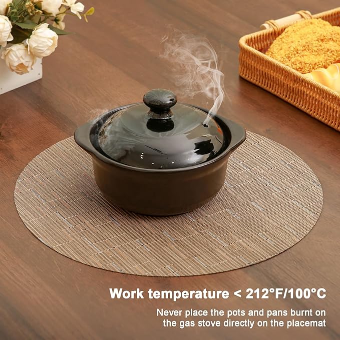 Round Placemats Set of 4 Heat Resistant Vinyl Placemats 15 inch Washable Non-Slip Table Mats Woven Place Mats for Dining Table (Light Brown, Set of 4)