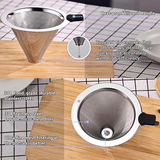 Pour Over Coffee Filter Dripper, Stainless Steel Metal Cone Drip Coffee Filter, Paperless and Permanently Reusable, Double Mesh Coffee,Tea Filter for 2-4 Cups