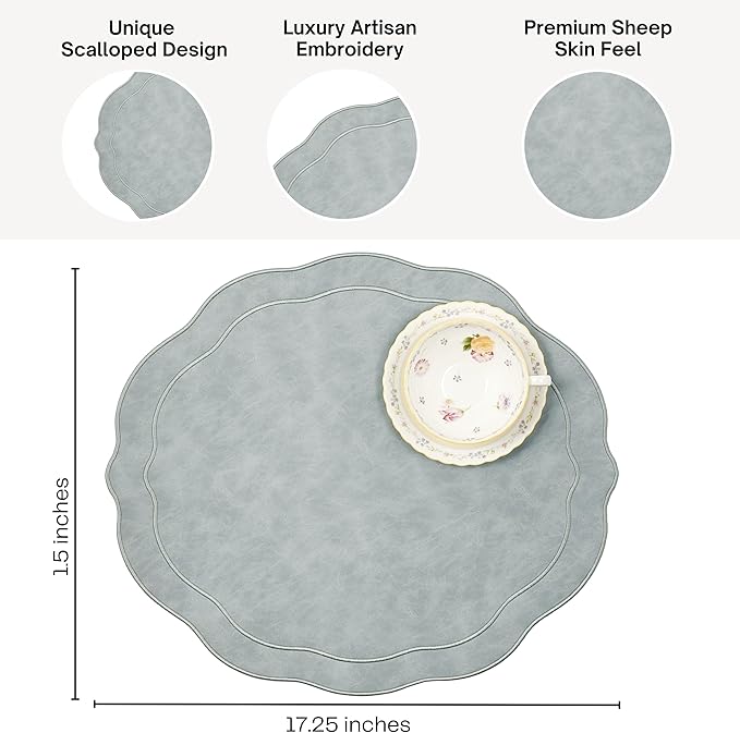 Embroidered Scalloped Faux Leather Placemats Set of 4 - Earth Tone, Soft, Wipeable Luxury Dinner Table Mats for Dining & Wedding, 17.25" x 15", Light Blue Gray