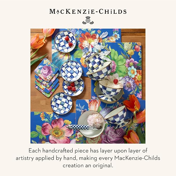 MACKENZIE-CHILDS Set of 4 Enamel Appetizer Plates, Mini Dessert Plates, 5 Inches, Blue-and-White Royal Check