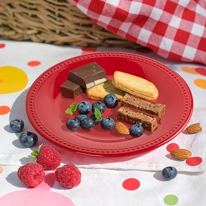 Melamine Beaded Dinner Plate Set of 6, 100% Pure Melamine, BPA Free, Chip & Break Resistant, Lightweight, Great for Dining, Weddings & Everyday Meals, Red, 11in