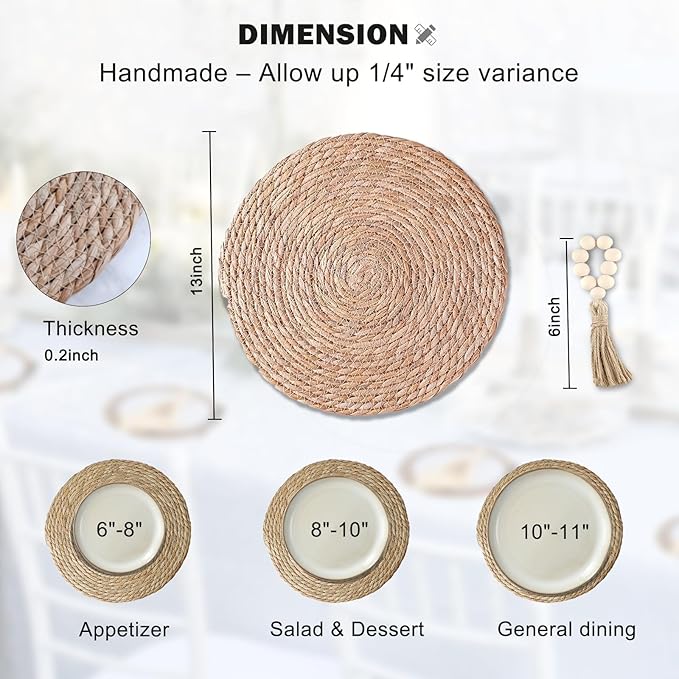 Boho Woven Placemats Set of 6 with Wooden Napkin Rings, 13" Natural Water Hyacinth Rattan Wicker Table Mats Charger Plates for Christmas Decorations, Thanksgiving, Rustic Dining & Home Decor