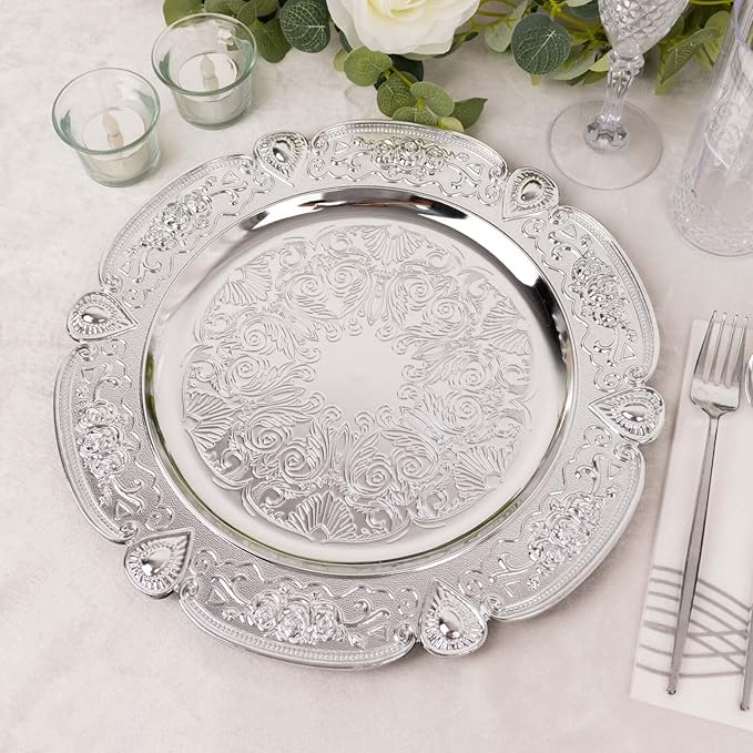 Efavormart 6 Pack Silver Floral Embossed Acrylic Charger Plates With Scalloped Rim, 13" Round Plastic Decorative Serving Plates