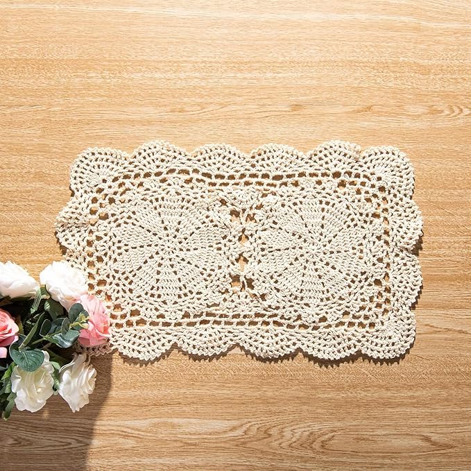 Handmade Rectangle Doilies, 2-Piece Handmade Crochet Cotton Doilies Lace Table Crochet Placemats Coaster (Beige)