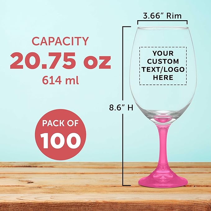 Custom Rioja Grand Wine Glasses 20.75 oz. Set of 100, Personalized Bulk Pack - Perfect for Hotel, Bar, Restaurant or Lounge - Pink