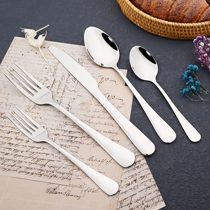 JASHII 25-Piece Fork Spoon Knife Silverware Set with Serving Utensils for 4, Food Grade Stainless Steel Flatware Cutlery Set for Home and Restaurant, Dishwasher Safe - Shiny Silver