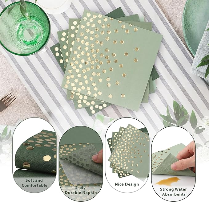 80 Pack of Paper Cocktail Napkins with Gold Foil Polka Dot Confetti，Polka Dot Party Supplies(5 x 5 in，2-ply) (80, Gradient Green)