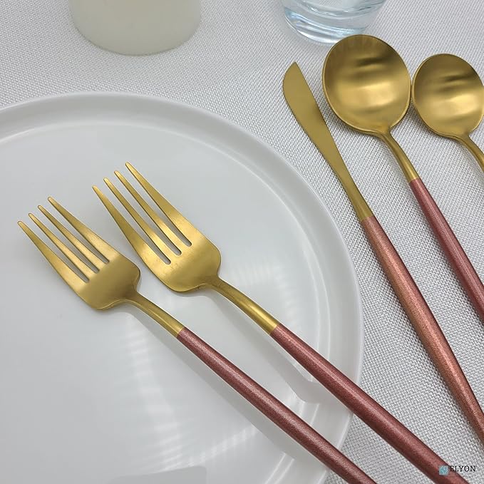 Elyon Lea 20-Piece Matte Gold/Rose Lea Flatware Set, Stainless Steel, Rose Thin Handles, Service For 4