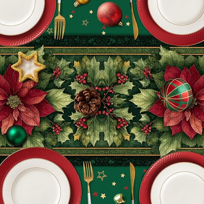 Green Red Flowers Christmas Table Runner Seasonal Winter Kitchen Dining Linen Table Decoration for Indoor Outdoor Home Party Decor 13 x 72 Inch