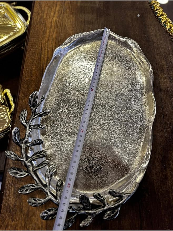 Oval Metal Cast Decorative Tray Silver Color, 16.1x10.2 Inch Serving Tray, Ottoman Style Coffee Table Tray for Home Decor and Parties - Silver, One Size