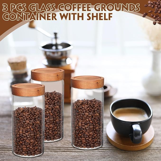 Suclain 3 Pcs Glass Coffee Bean Container 44 oz Airtight Coffee Canister with Shelf and Measuring Spoon Kitchen Food Canister Jar for Sugar Candy (Vintage Style)