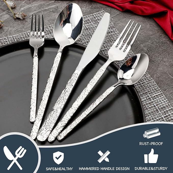 30-Piece Silver Silverware Set, Hammered 18/10 Stainless Steel Flatware Set for 6, Food-Grade Cutlery Set, Tableware Set Including Fork Knife Spoon Set,Dishwasher Safe
