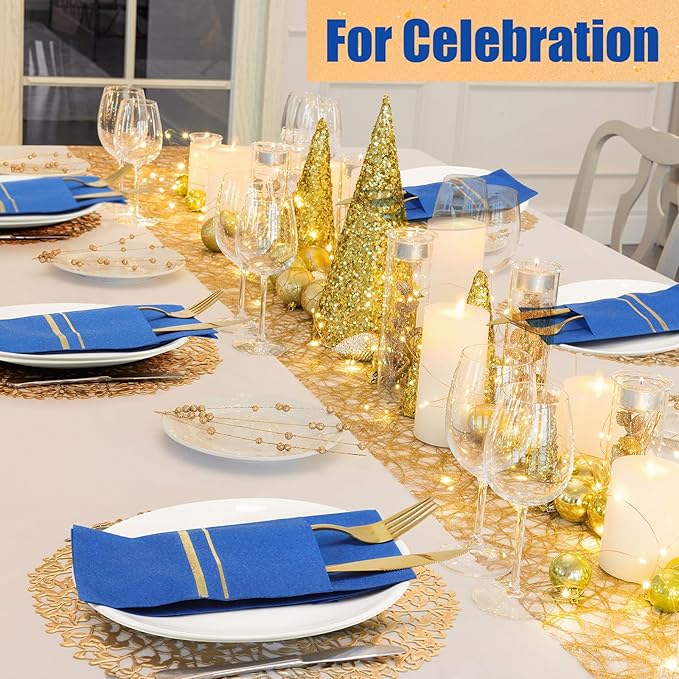 Roshtia 100 Pack Dinner Napkins Disposable Linen Feel Dinner Napkins with Built-in Flatware Pocket Gold Trim Lined Pre Folded Paper for Wedding Party (Royal Blue,Gold)
