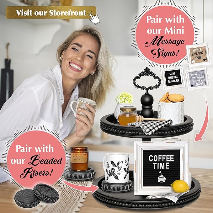 2 Tiered Tray Wooden Serving Stand by Felt Creative Home Goods. Small Beaded Tray for Home Decor Display Farmhouse Country Decoration Kitchen or Dining. Includes 3 Finial Custom Handles (Black)