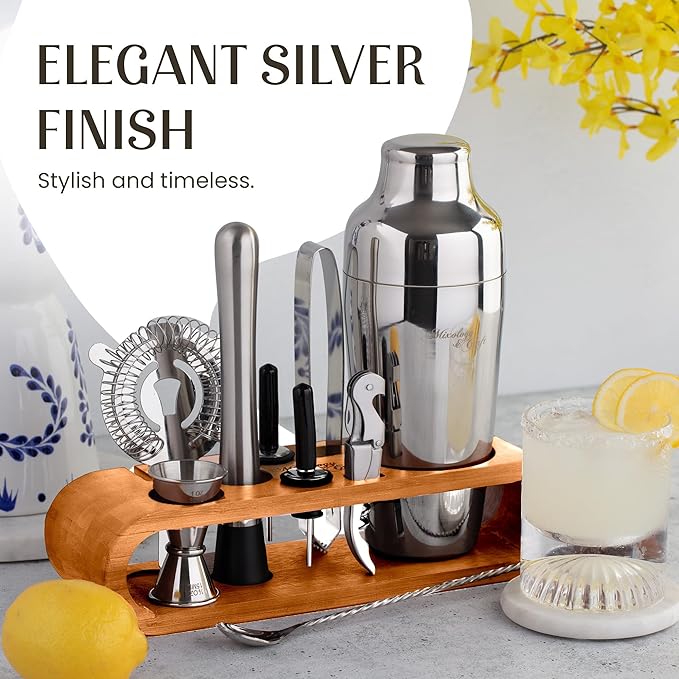 Mixology & Craft Cocktail Shaker Set: 10-Piece Bartender Kit with Stand | Complete Cocktail Kit Gift Set | Top Bartender Gifts for Men & Women | Leak-Proof Design (Silver)