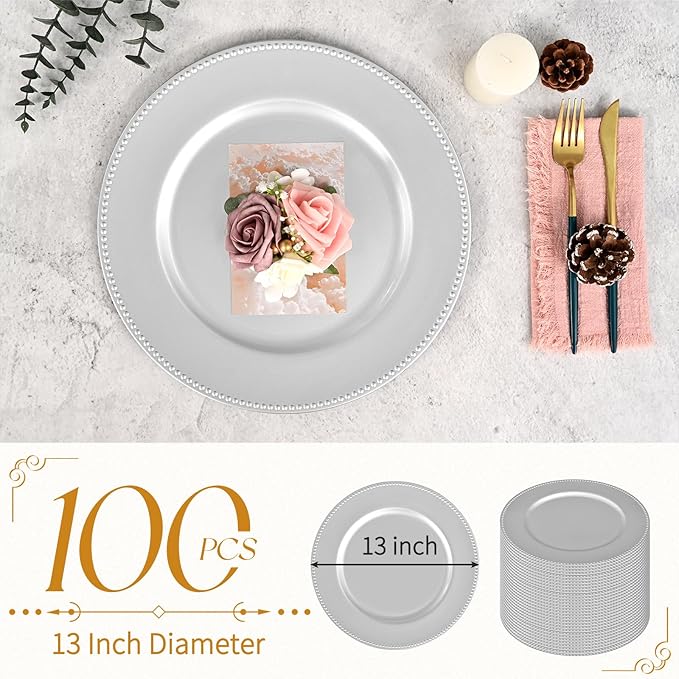 fani 100 Pcs Silver Charger Plates Bulk, 13'' Round Beaded Dinner Charger Plates, Plastic Reusable Vintage Table Decoration for Wedding, Party, Reception, Event, Holiday Supplies