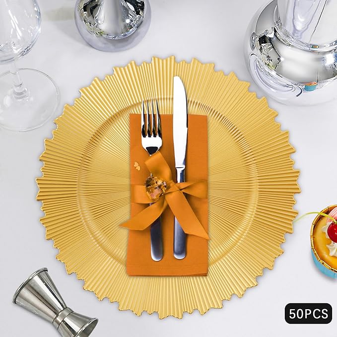 50 PCS Charger Plates Bulk, 13 Inch Plastic Round Charger Dinner Plates Jagged Edge Service Plates Decorative Chargers Bulk for Table Setting Wedding Party Event(Gold)