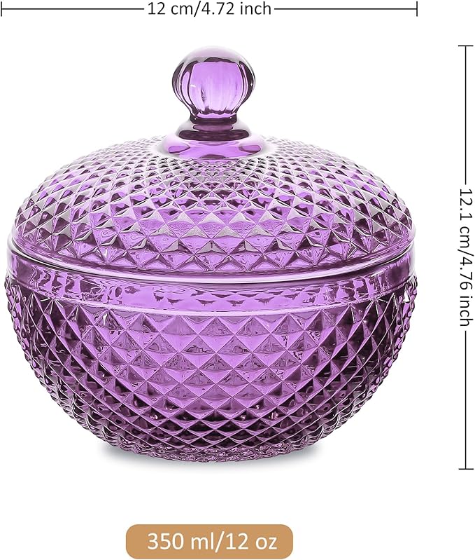 Joeyan 12 oz Small Purple Glass Jewelry Box Jars with Lid,Embossed Glass Candy Dishes,Diamond Faceted Food Container,Decorative Apothecary Canisters,Colored Kitchen Bathroom Buffet Storage Organizer