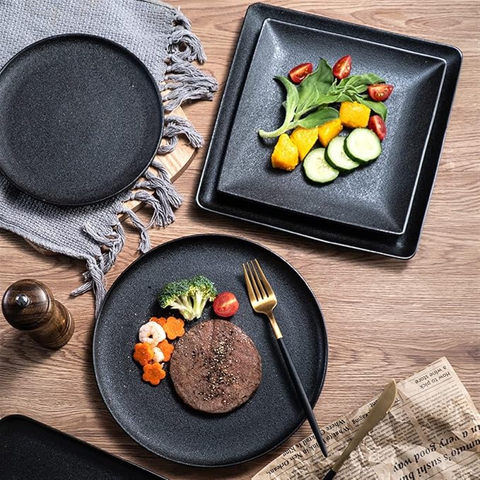 Dinner Plates Simple Ceramic Plate Tableware Black Frosted Disc Square Steak Plate Family Dinner Plate Kitchen Serving Dishes,Gold-20CM