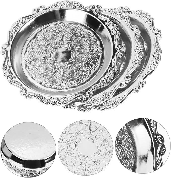 Garneck 10 cm Round Silver Tray - Set of 6 Vintage Serving Trays for Snacks - Sweets and Nuts Perfect for Parties and Home Use