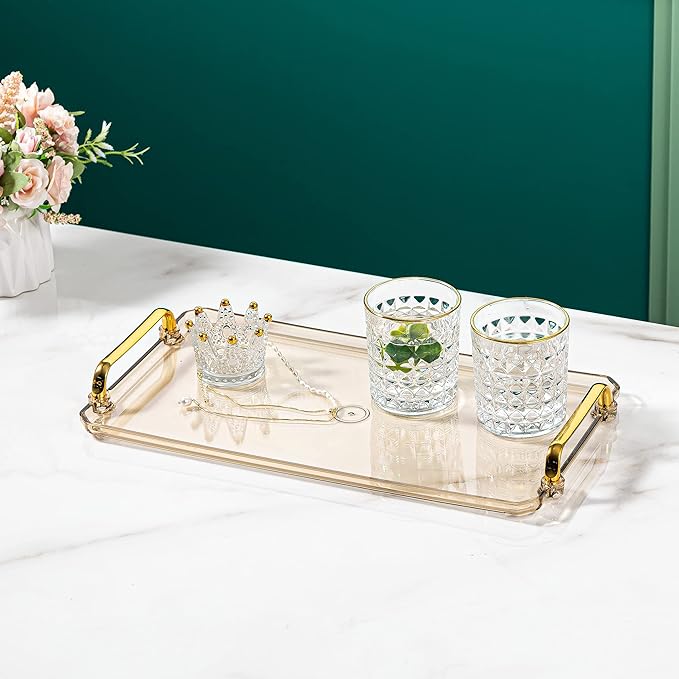 Acrylic Serving Tray with Handles Ottoman Countertop Decorative Spill-Proof Tray for Coffee Table Living Room Bedroom16 x 9 x 0.8 inches (Gray)