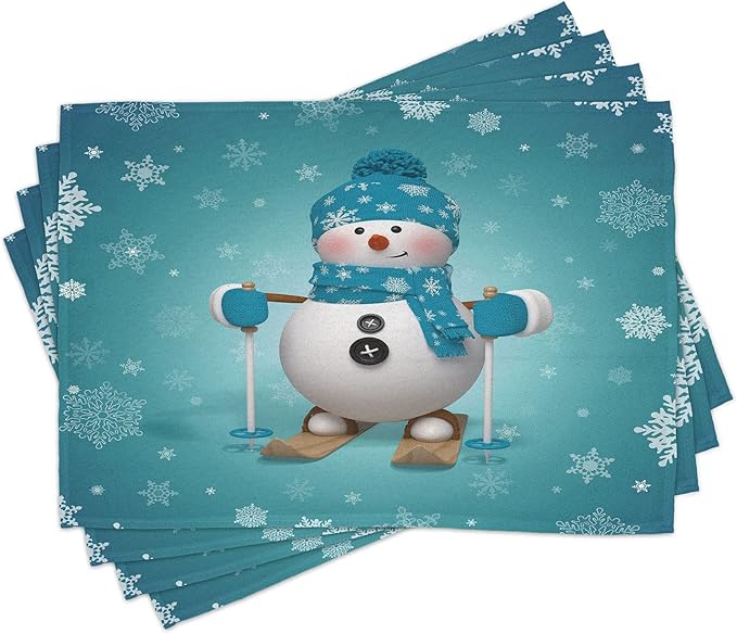 Ambesonne Snowman Place Mats Set of 4, Skiing with Ornate Snowflakes Winter Vacation Activity Fun Hobby, Washable Fabric Placemats for Dining Table, Standard Size, Brown Turquoise
