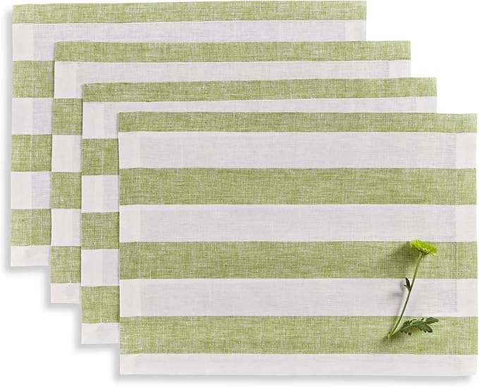 Solino Home Linen Cloth Placemats Set of 4 - Cabana Stripe 100% Pure Linen Green and White Farmhouse Placemats 14 x 19 Inch for Christmas - Handcrafted and Machine Washable