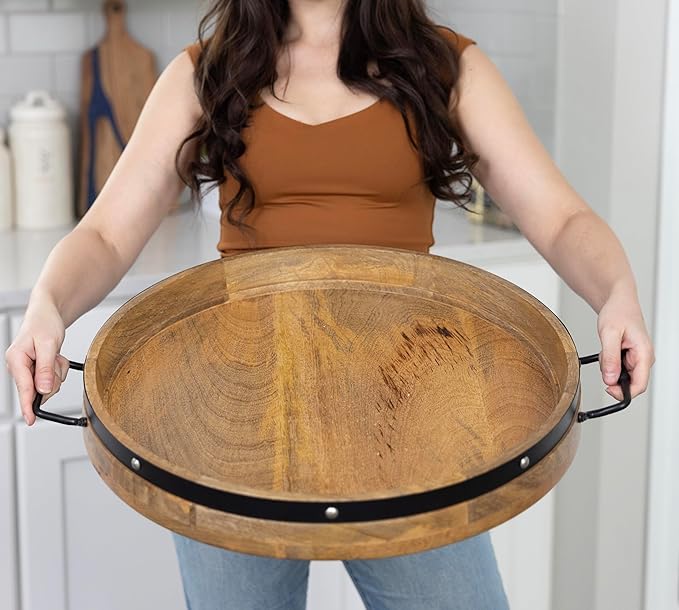 20" Extra Large Round Ottoman Tray, Heavy Duty Mango Wood, for Serving Tea, Breakfast in Bed, Living Room Large Coffee Table Tray Rustic with Farmhouse Style, Decorative Handles and Accent Strap