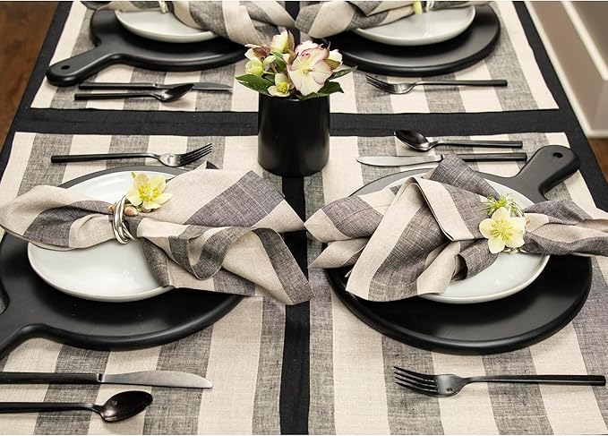 Solino Home Linen Placemats Set of 4 - Cabana Stripe Black and Natural Placemats 14 x 19 Inch - 100% Pure Linen Place Mats for Winter, Holiday