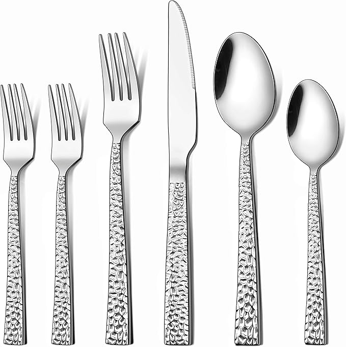 LIANYU 24-Piece Hammered Silverware Set with Extra Salad Forks, Stainless Steel Square Flatware Cutlery Set for 4, Fancy Eating Utensils Tableware, Dishwasher Safe