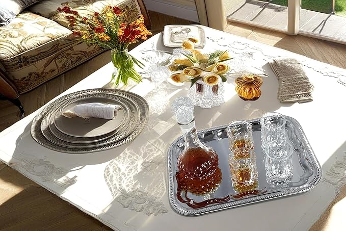 (Pack of 4) 20.9" x 12.8" Traditional Rectangular Trim Floral Pattern Engraved Catering Chrome Plated Serving Plate Mirror Tray Platter Tableware Holiday Party Serving (Large) T227L-4PK