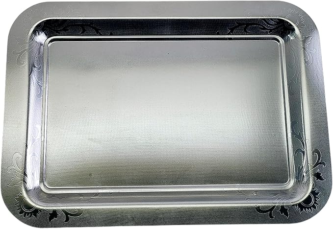 (Pack of 2) 20 inch x 14.4 inch Oblong Chrome Plated Serving Tray Stylish Design Floral Engraved Edge Decorative Party Wedding Dessert Buffet Décor Wine Platter Plate NC-064