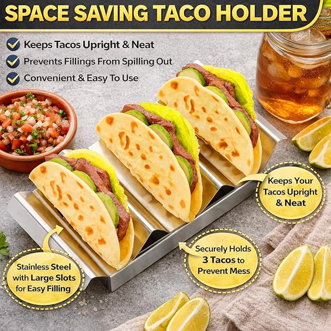 4 Pcs 304 Stainless Taco Holder Bar with Base Taco Stands for 3 Tacos Metal Trays Easy to Clean, Dishwasher Safe, Hot Dog Prep Tray