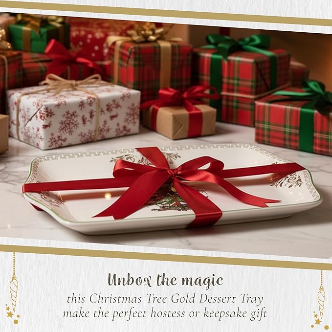 Spode Christmas Tree Gold Dessert Tray - 12" Fine Porcelain Festive Serving Platter with Red Ribbons, Holiday Collectible Dish for Entertaining & Desserts - Winter Holiday Serveware Gift