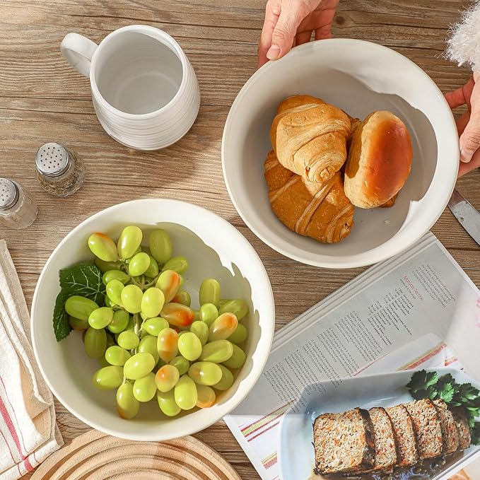 Ceramic Serving Bowls Set of 2, 65 Ounce Large Kitchen Deep Bowls for Salad Soup Ramen Pasta Cereal Fruit, Durable Microwave & Dishwasher Safe, Ideal for Home Dining & Gifting, White