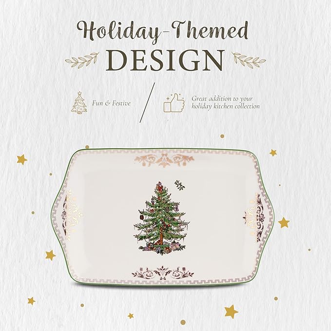 Spode Christmas Tree Gold Dessert Tray - 12" Fine Porcelain Festive Serving Platter with Red Ribbons, Holiday Collectible Dish for Entertaining & Desserts - Winter Holiday Serveware Gift